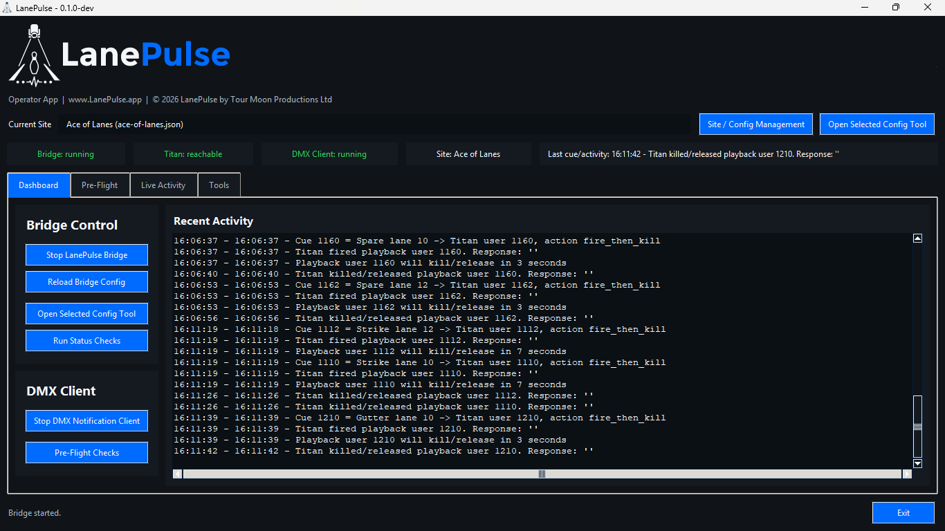 LanePulse dashboard at Ace of Lanes